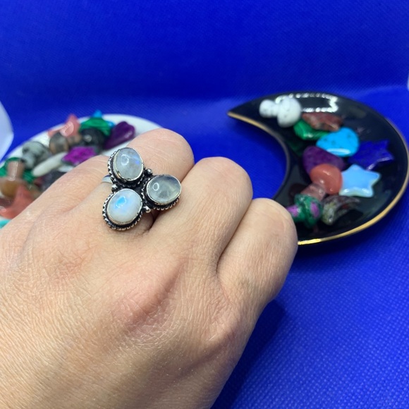 FLASH Moonstone Trio Ring! .925 Sterling Silver Plated, Size 7.25 - Picture 10 of 12